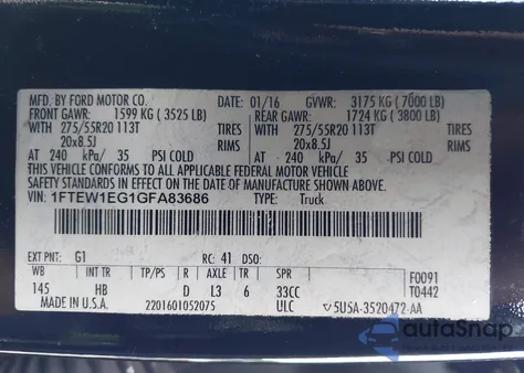 2016 Ford F-150 Lariat z USA, uszkodzony, nr VIN 1FTEW1EG1GFA83686